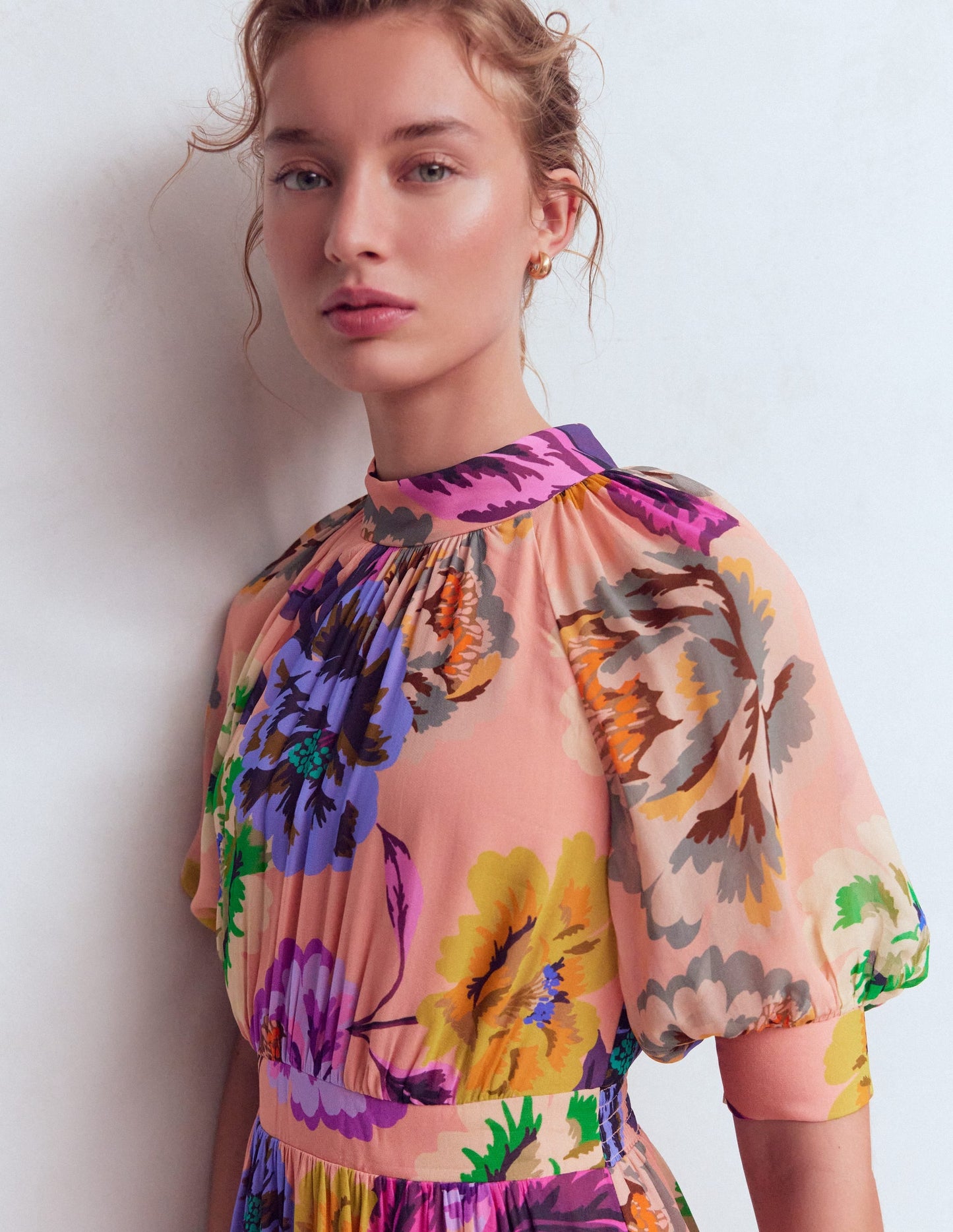 Multi Opulent Blossom Beatrice High Neck Blouson Dress in Opulent Blossom