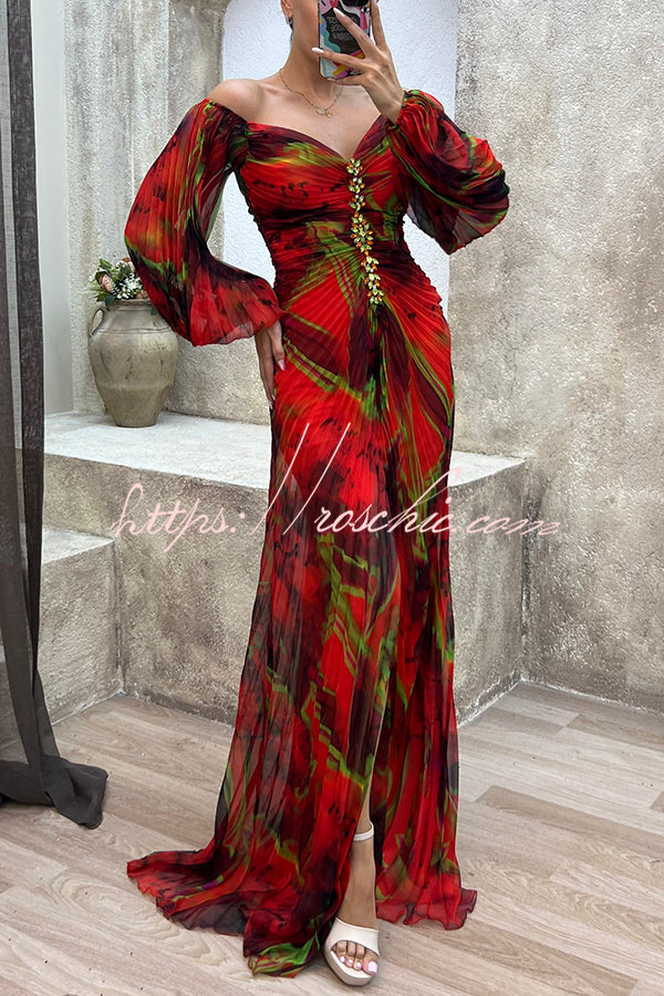 Yellow Sunset Serenade Printed Off Shoulder Diamond Embellished Pleated Slit Maxi Dress