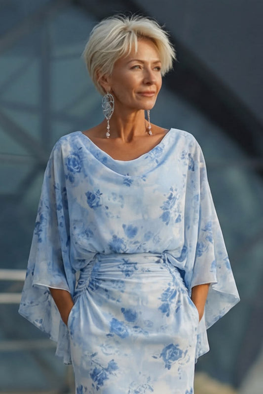 Floral Light Blue Chiffon Sheath Ruched Long Mother of the Bride Dress with Pockets - Light Blue / US16