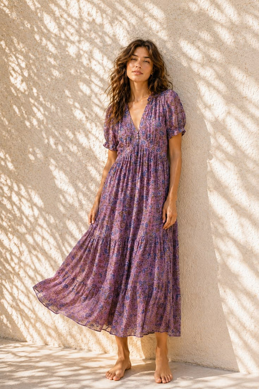 24121724-Soft Printed Tiered Maxi Dress - Purple / L