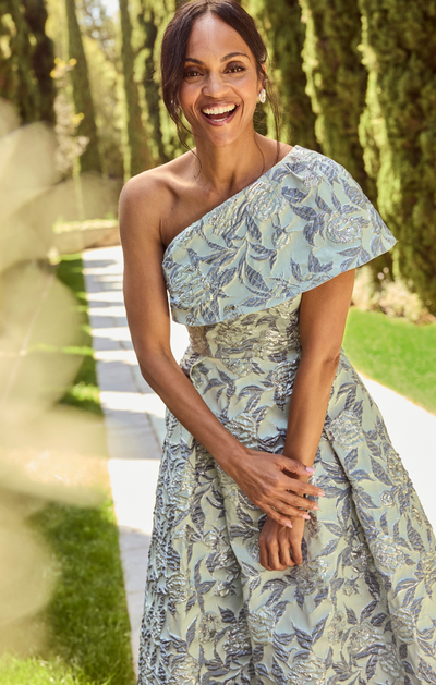 Length Jacquard Dress with Asymmetrical Neckline and Bow Detail Alex Evenings 8281255 Alexandra Jacquard Floor-Length Dress