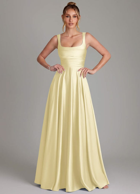 Arabella A-Line Square Neck Floor-Length Stretch Satin Dress in Lemon Sorbet