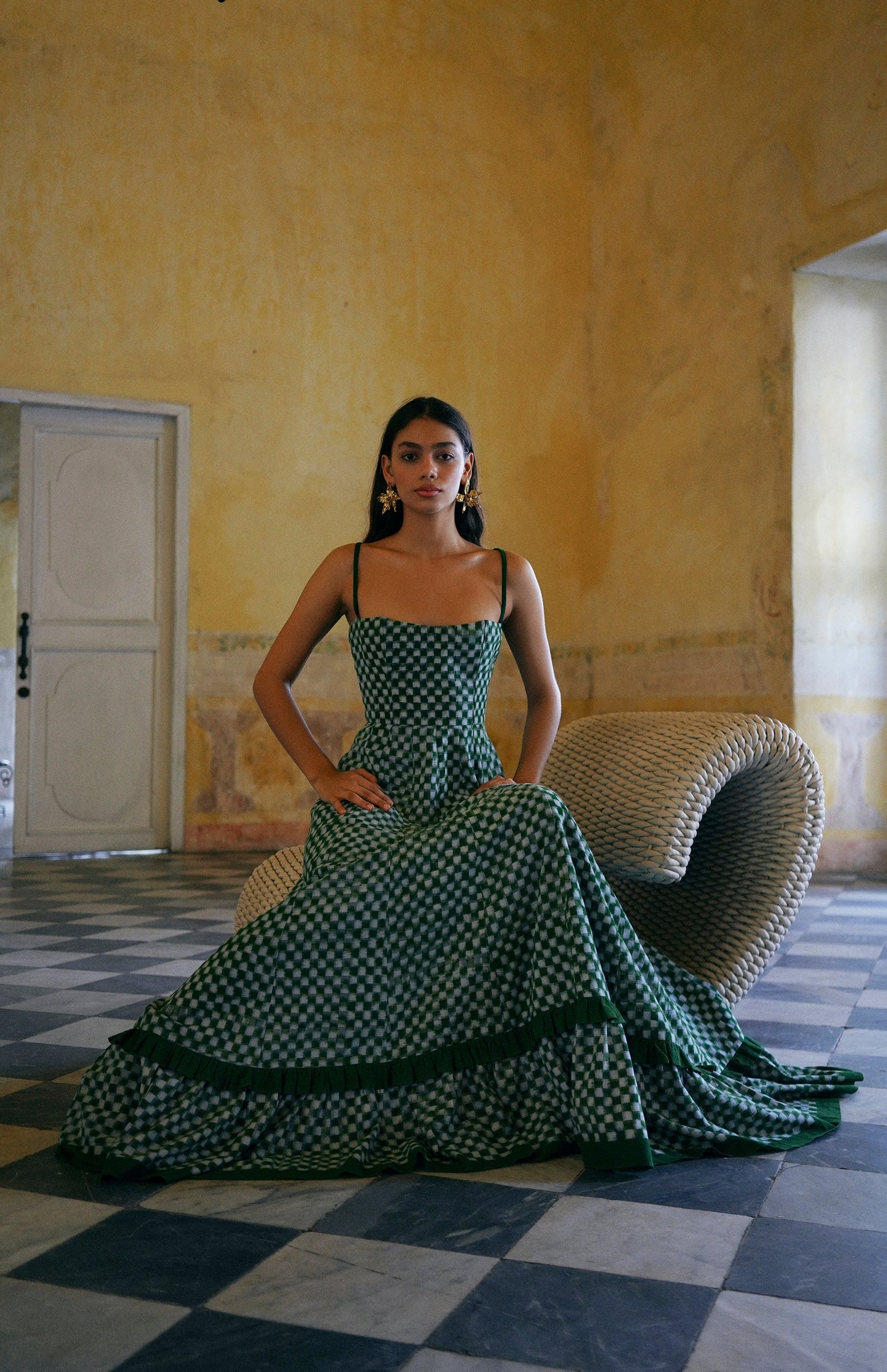 Green Margot Check Midi Dress