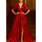 Red Black A-Line Evening Gown Elegant Formal Dress Formal Wedding Floor Length Half Sleeve V Neck Satin with Pleats Ruff