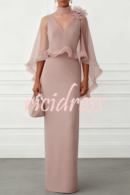 Pink Tallisa 3D Floral Mesh Mock Neck Half Cape Sleeve Gown Maxi Dress