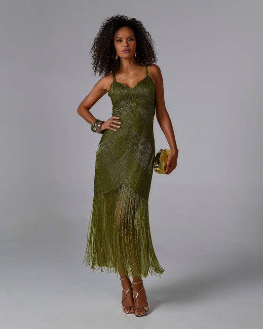 Olive Arabella Beaded Fringe Maxi Dress in Olive