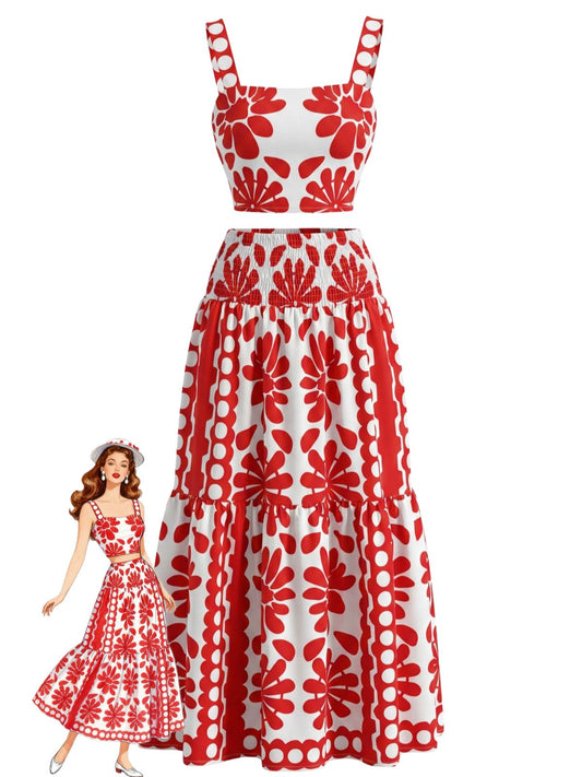 Red Margot Square Neck Geometric Floral Maxi Dress