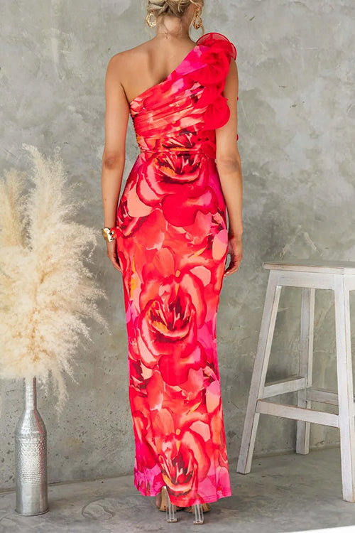 Blue Margot Ruffle One-Shoulder Floral Maxi Dress