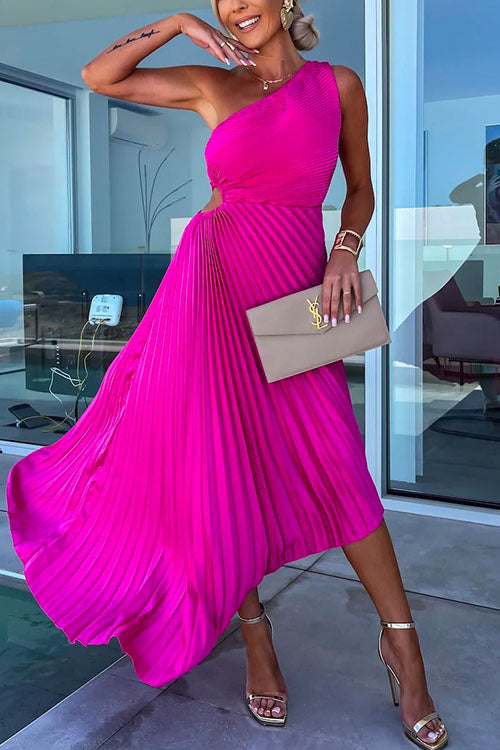 Fuchsia Margot One-Shoulder Pleated Party Dress