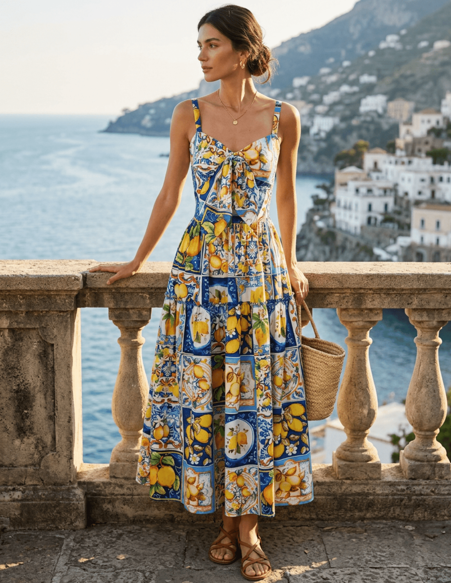 St. Barths Darla Tie Front Midi Dress In Blue Amalfi Lemon St. Barths Darla Tie Front Midi Dress In Blue Amalfi Lemon - S / Blue Amalfi Lemon