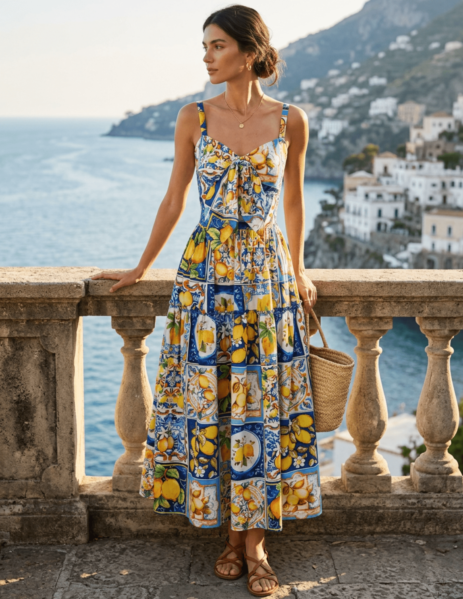 St. Barths Darla Tie Front Midi Dress In Blue Amalfi Lemon St. Barths Darla Tie Front Midi Dress In Blue Amalfi Lemon - S / Blue Amalfi Lemon