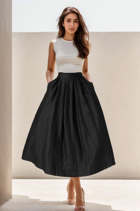 Pleated Waist, Elastic Back 5124 Adelaide Linen Midi Skirt