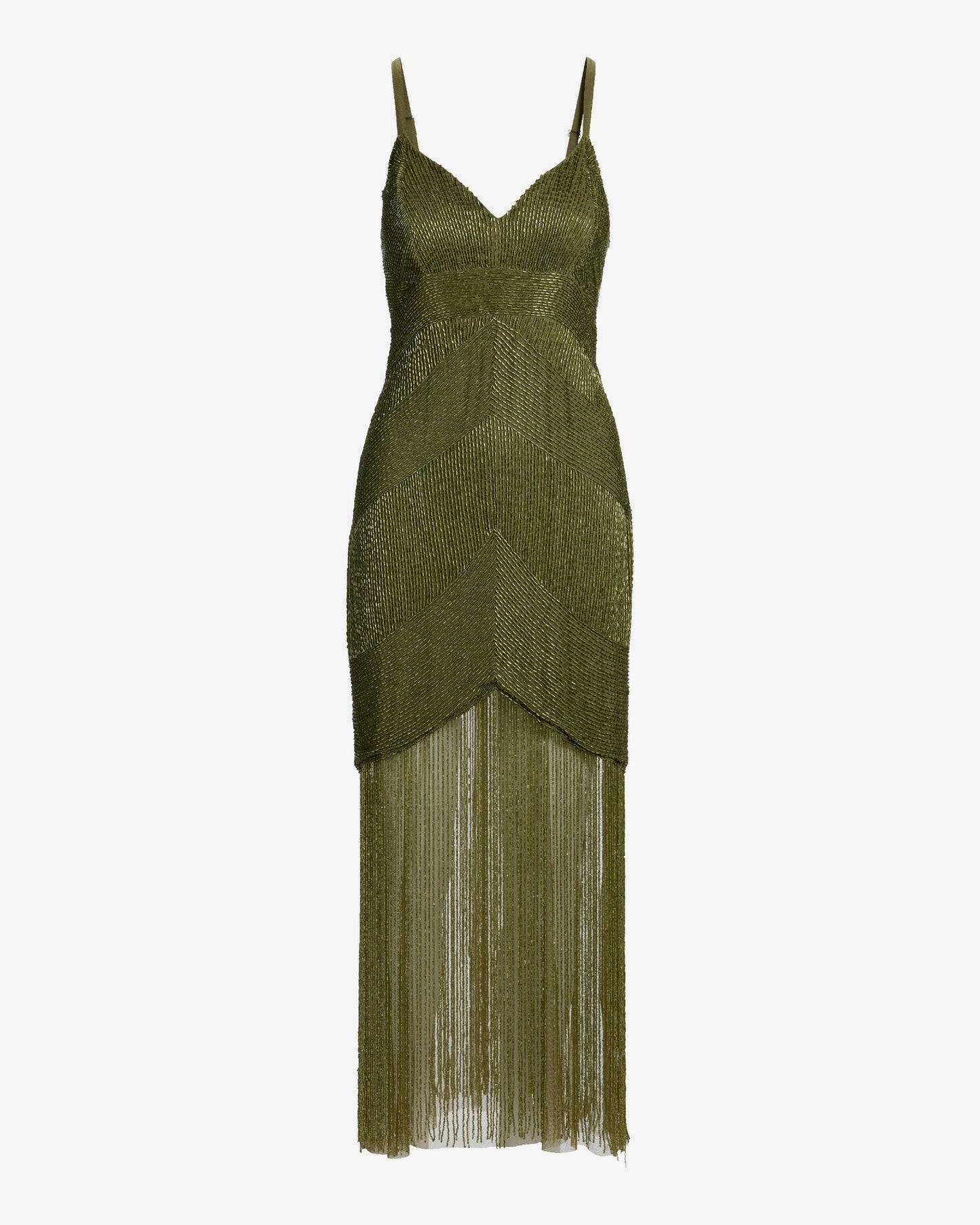 Olive Arabella Beaded Fringe Maxi Dress in Olive