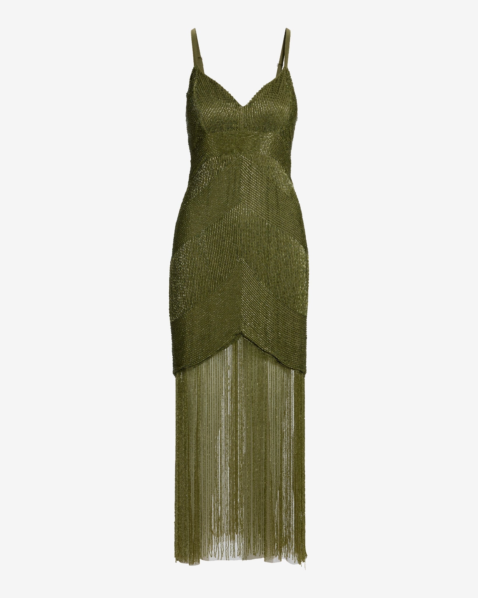 Olive Arabella Beaded Fringe Maxi Dress in Olive