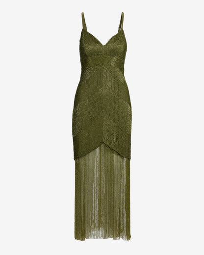 Olive Arabella Beaded Fringe Maxi Dress in Olive