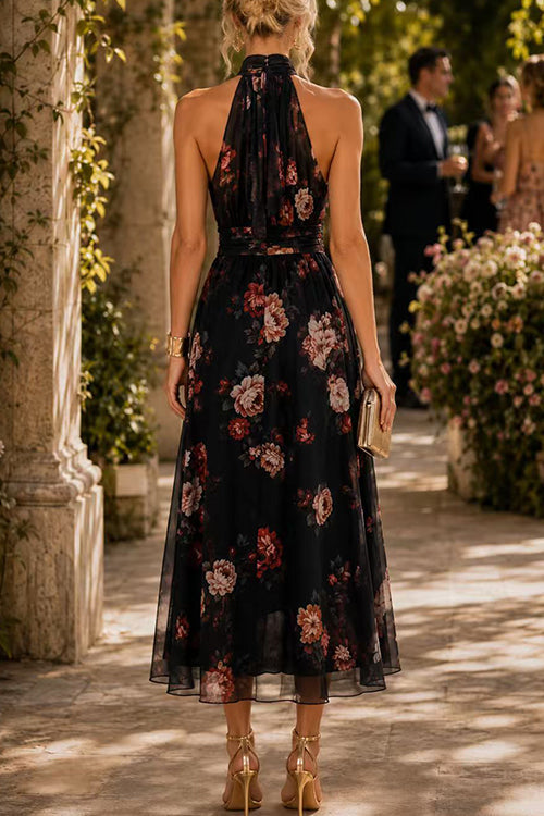 Black Margot Floral Flowy Midi Dress