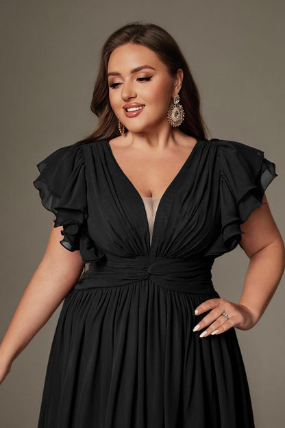 LakeBlue Curveins Plus Size V-Neck Ruffle Sleeve Split A-Line Maxi Dress - 28/5X / Brown