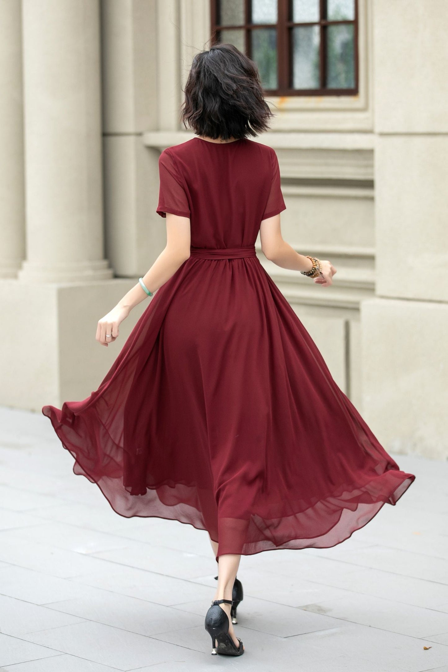 Neck Wrap Style 5222 Burgundy midi fit and flare prom chiffon dress