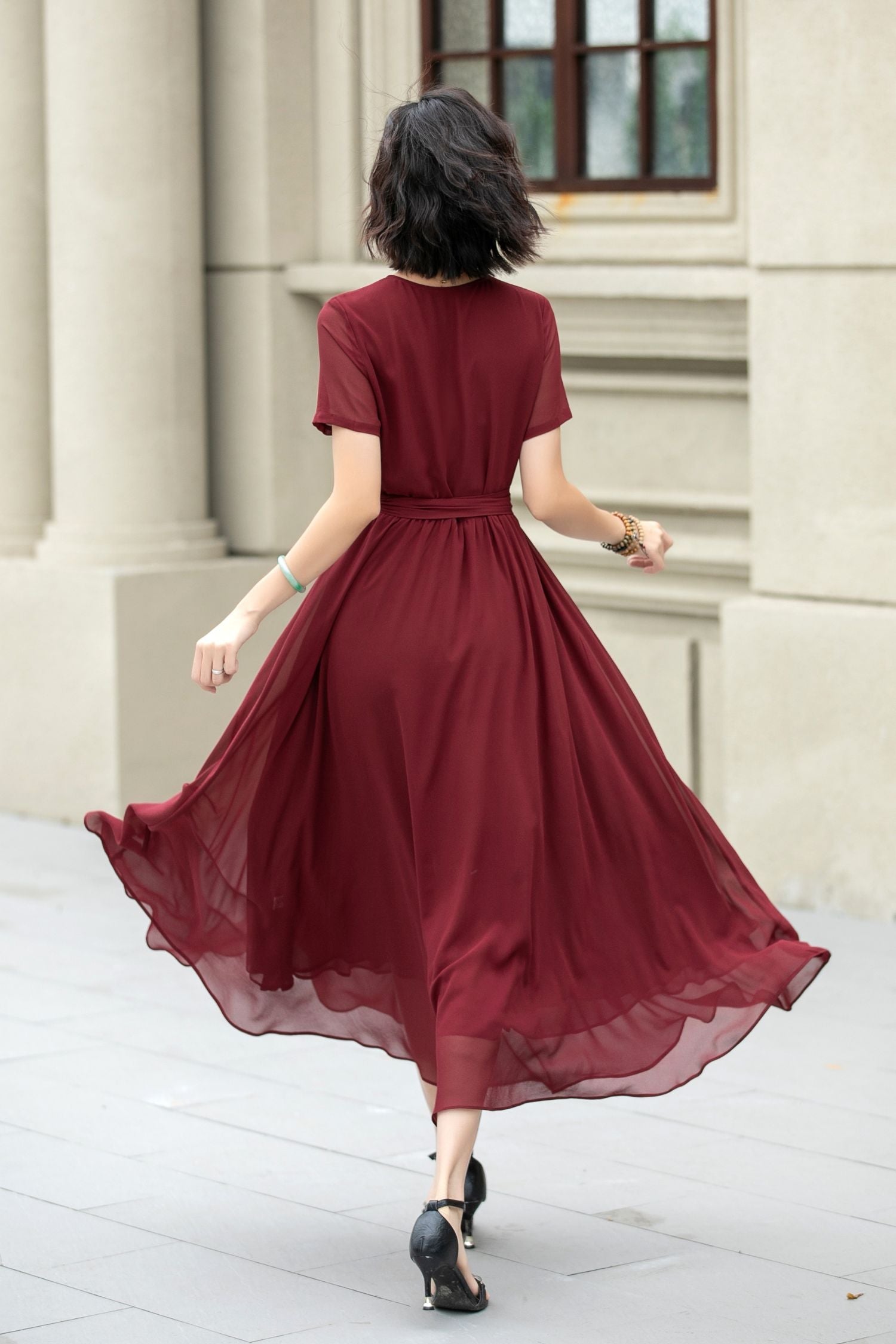 Neck Wrap Style 5222 Burgundy midi fit and flare prom chiffon dress