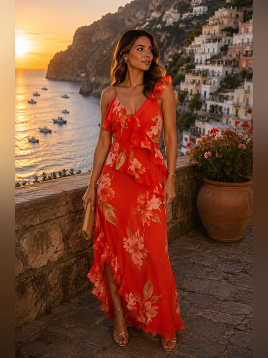Margot Red Floral Ruffle Dress