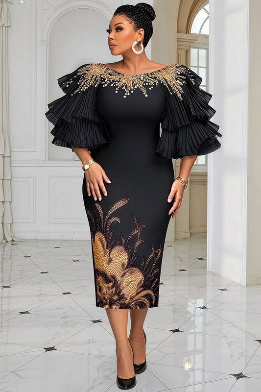 Xpluswear Design Plus Size Formal Organza Black V Neck Short Sleeve Ruffle Chiffon Maxi Dresses Black-3XL/22-24