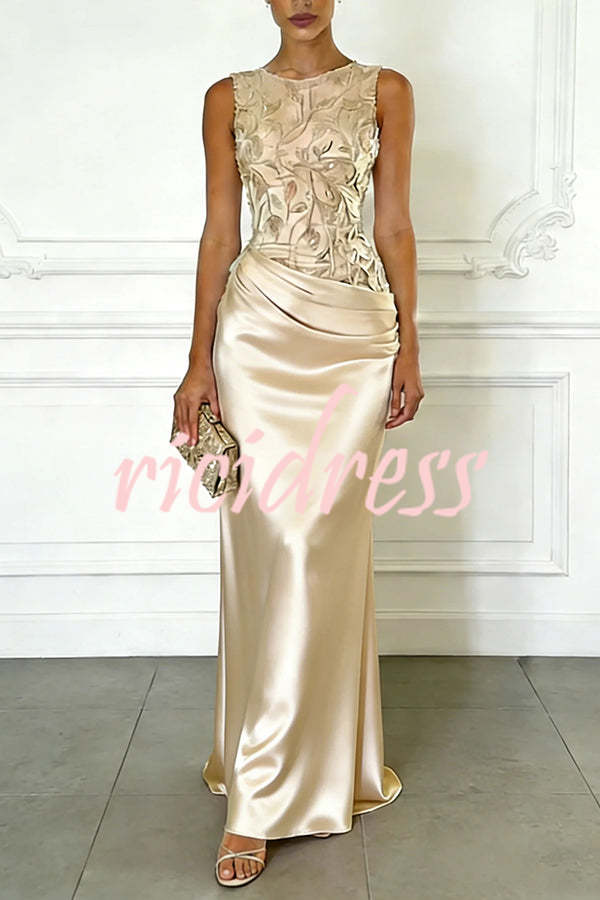 Pink Vera Mesh Embroidery Satin Ruched Crew Neck Sleeveless Gown Maxi Dress