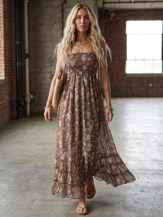 Nwt Boho Festival Floral Strappy Back Maxi Dress | Color: Brown | Size: Various