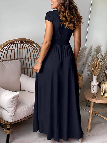 Neck Long Dress Margot Pleated V-Neck Dress