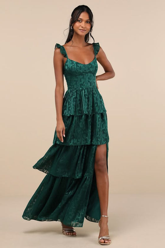 Arabella Hunter Green Jacquard Tiered Maxi Dress
