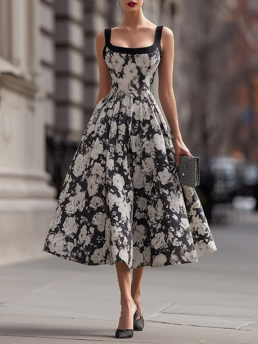 Square Neck Floral A-Line Maxi Dress Black-L(12-14)
