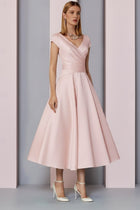 Navy Satin A-Line Mother of the Bride Dress V Neck Tea Length Wedding Guest Dress - Pearl Pink