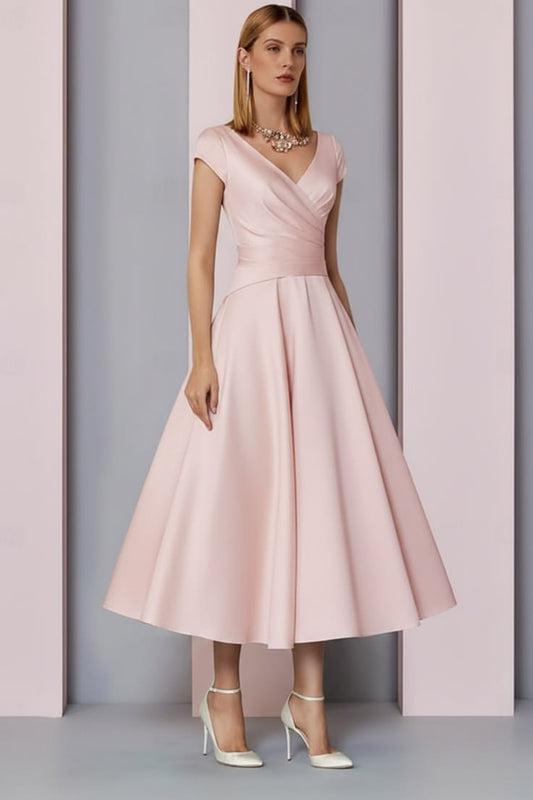 Navy Satin A-Line Mother of the Bride Dress V Neck Tea Length Wedding Guest Dress - Pearl Pink