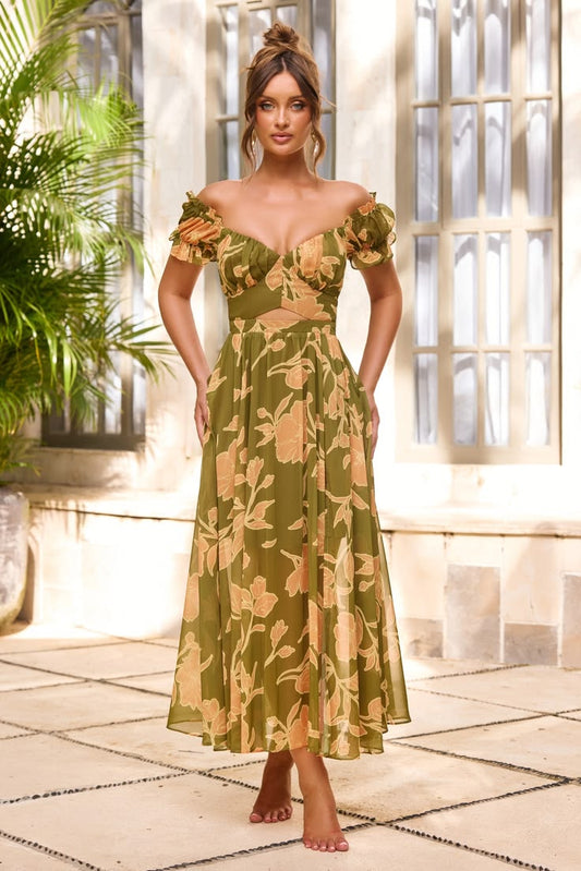 Solstice Bloom Chiffon Midi Dress