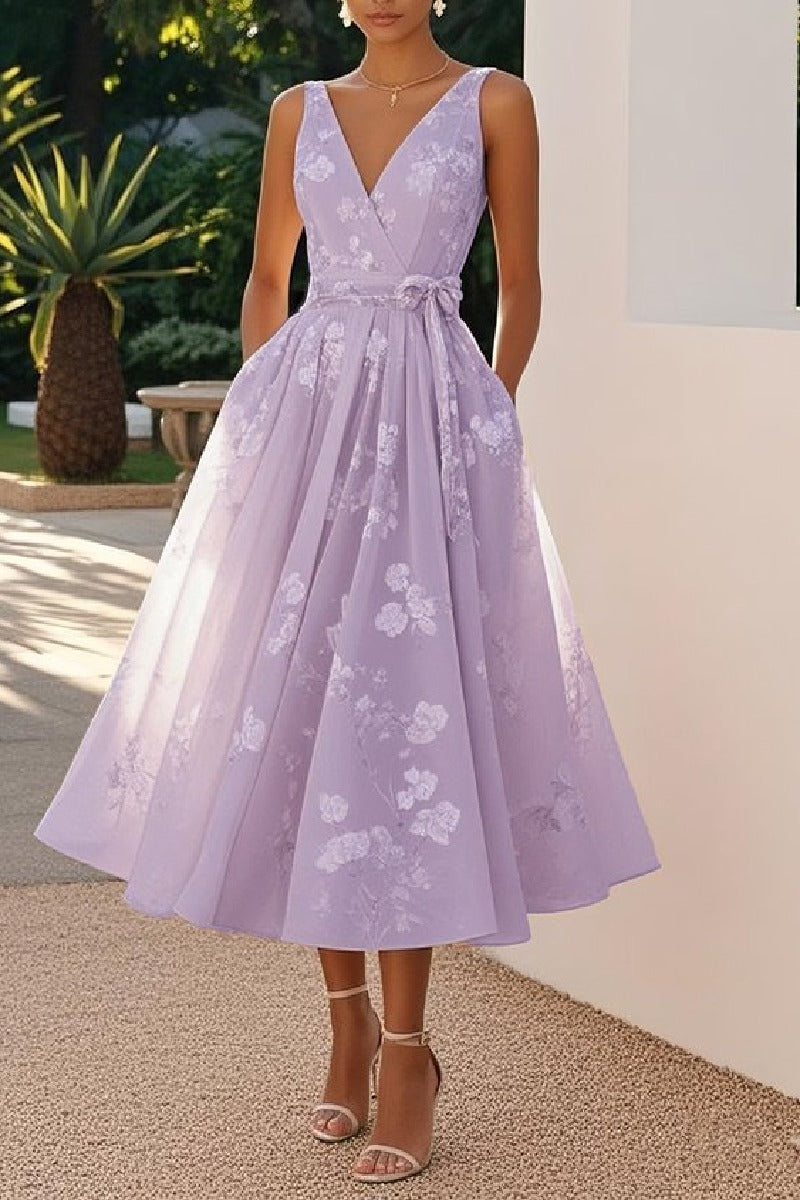 Yellow Adelaide Lace A-Line Tea Length Dress