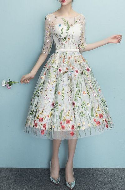 A-line dress with colorful embroidered flowers ,evening dress,short homecoming dress,279