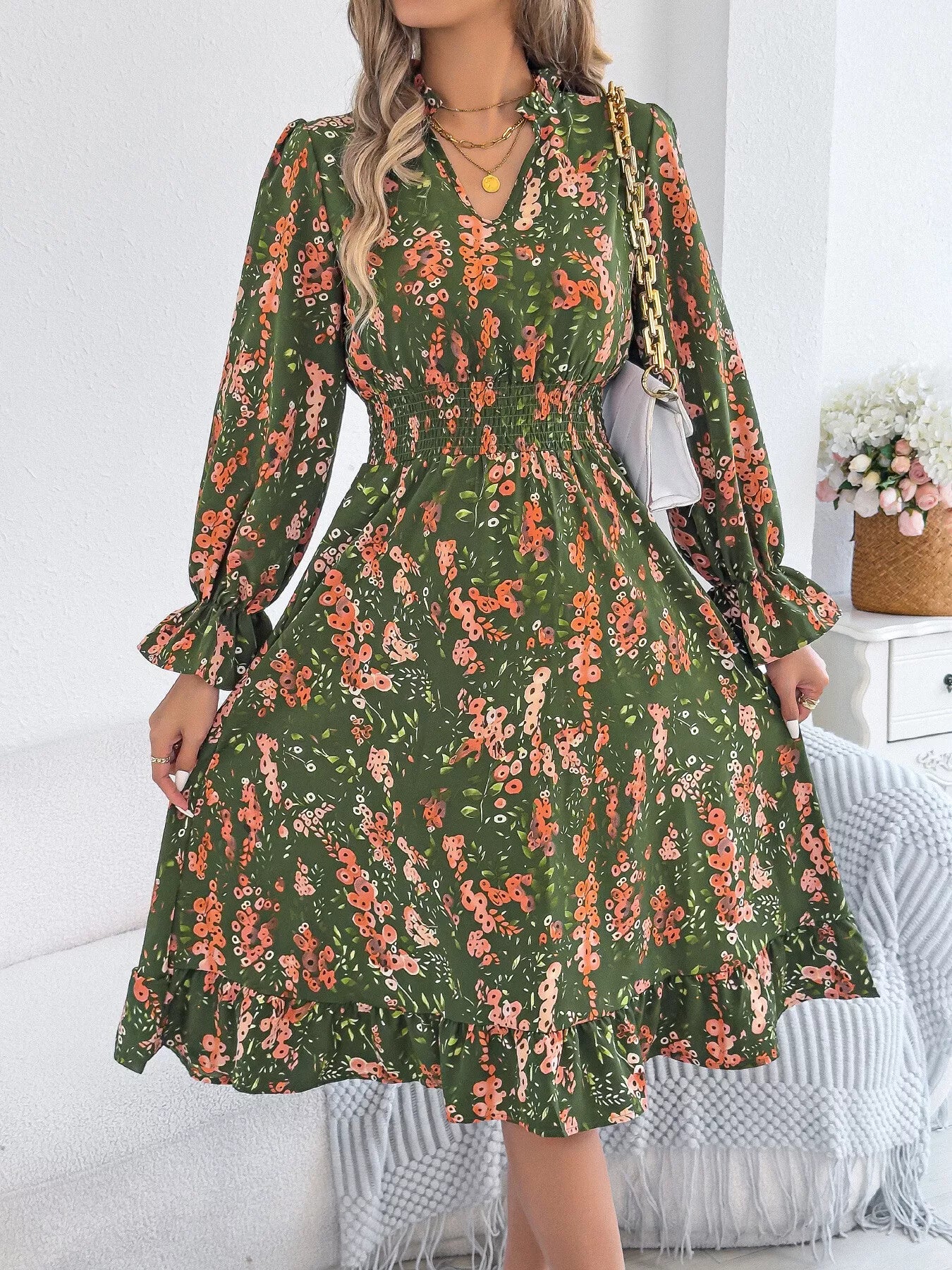 Black Vivienne Floral Ruffle A-Line Dress