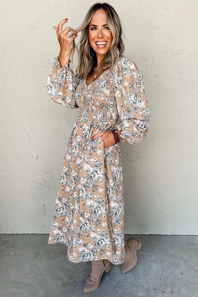 Neck Long Sleeve Dress Margot Printed V-Neck Tiered Dress