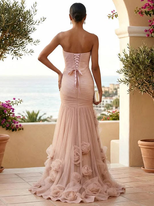 Dreamylily Party Dress Sweetheart Tulle V Neck Pleat Mermaid Evening Dresses Gown with 3D Flower