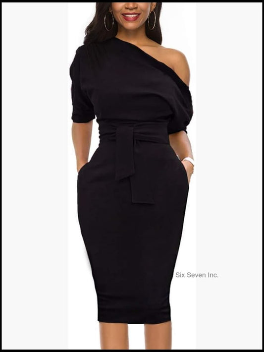 One Shoulder Belted Pencil Dress With Pockets Stretchy Knit Sheath Midi | Color: Black | Size: Various