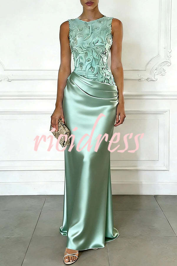 Purple Vera Mesh Embroidery Satin Ruched Crew Neck Sleeveless Gown Maxi Dress