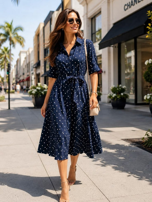 Marina Navy Polka Dot Midi Shirt Dress