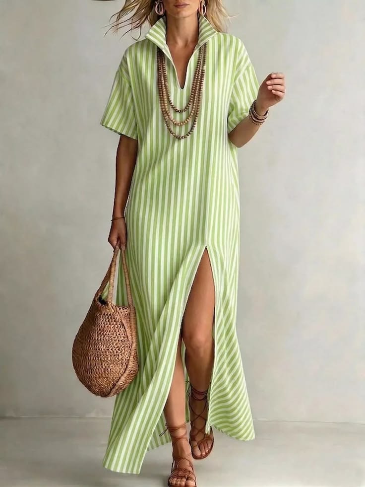 Striped High Slit Maxi Shirt Dress - Green / M