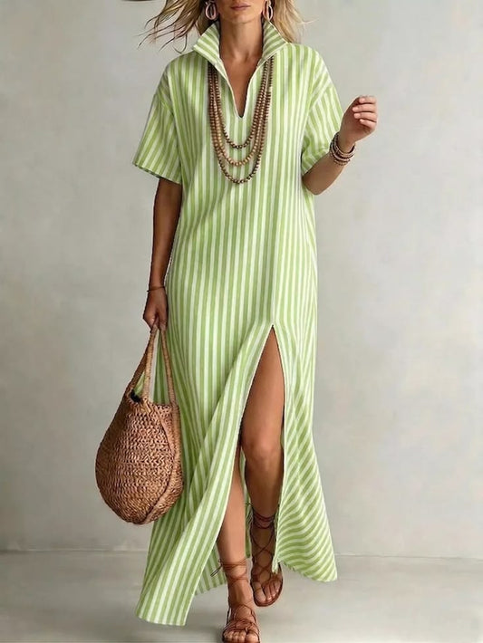 Striped High Slit Maxi Shirt Dress - Green / M