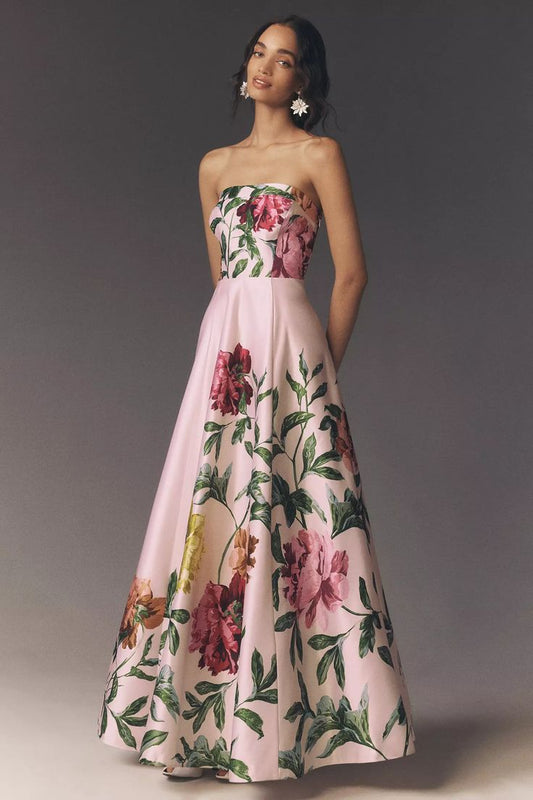 Kira Strapless Printed Satin Maxi Dress