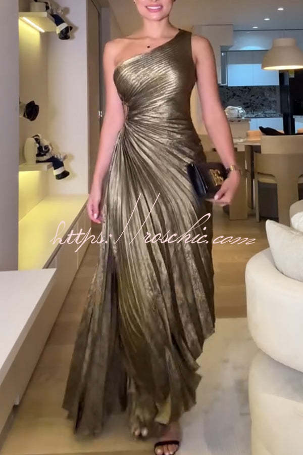 Gold Valentina Metallic One-Shoulder Maxi Dress