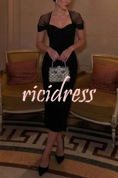 Black Emilie Mesh Sleeve Patchwork Sweetheart Neck Stretch Midi Dress