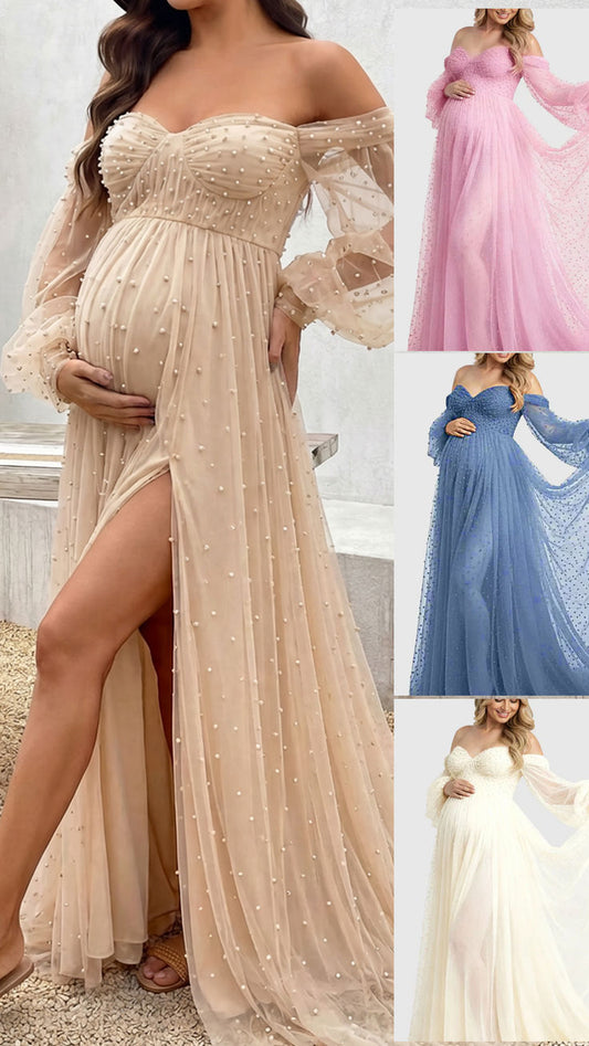 Off-Shoulder Tulle Train Maternity Gown