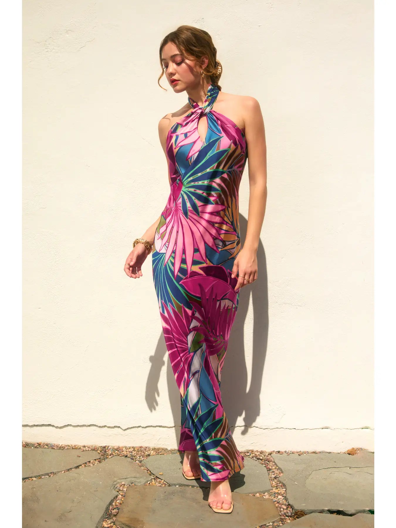 TROPICAL FUCHSIA Vivienne Halter Open-Back Maxi Dress