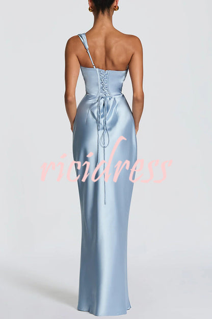 Blue Thalassa Satin One-Shoulder Maxi Dress