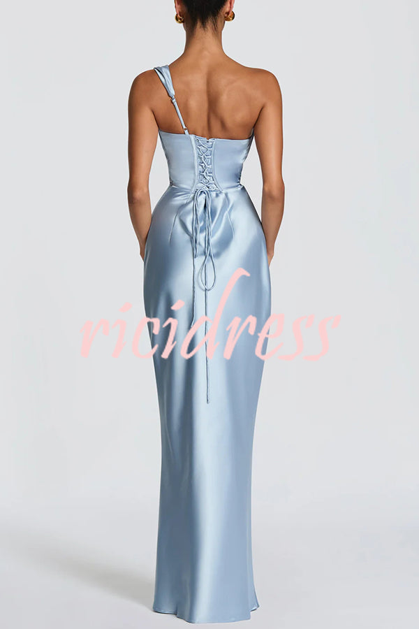 Brown Thalassa Satin One-Shoulder Maxi Dress